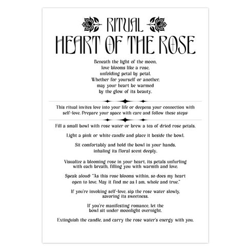 Luxury ritual card featuring golden Art Nouveau rose design on deep emerald background with heart motifs. Inside contains self-love and romance rituals. Perfect for Valentine's Day or personal spiritual practice.